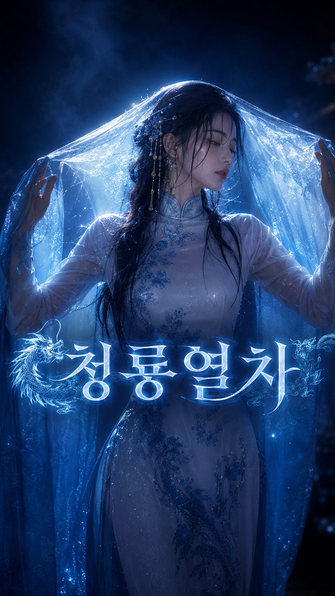 청룡열차 메인 포스터 속 사진 파란 천을 뒤집어쓴 여자의 모습