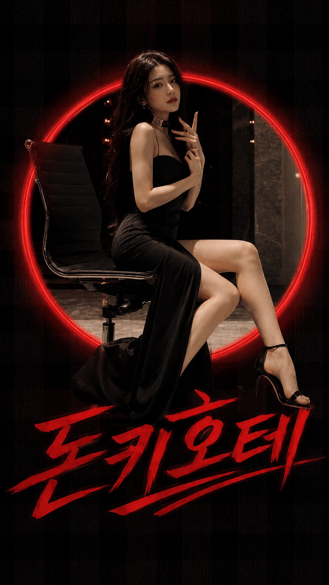 돈키호테 매장 포스터 속 사진 의자에 앉아 정면을 바라보는 여자