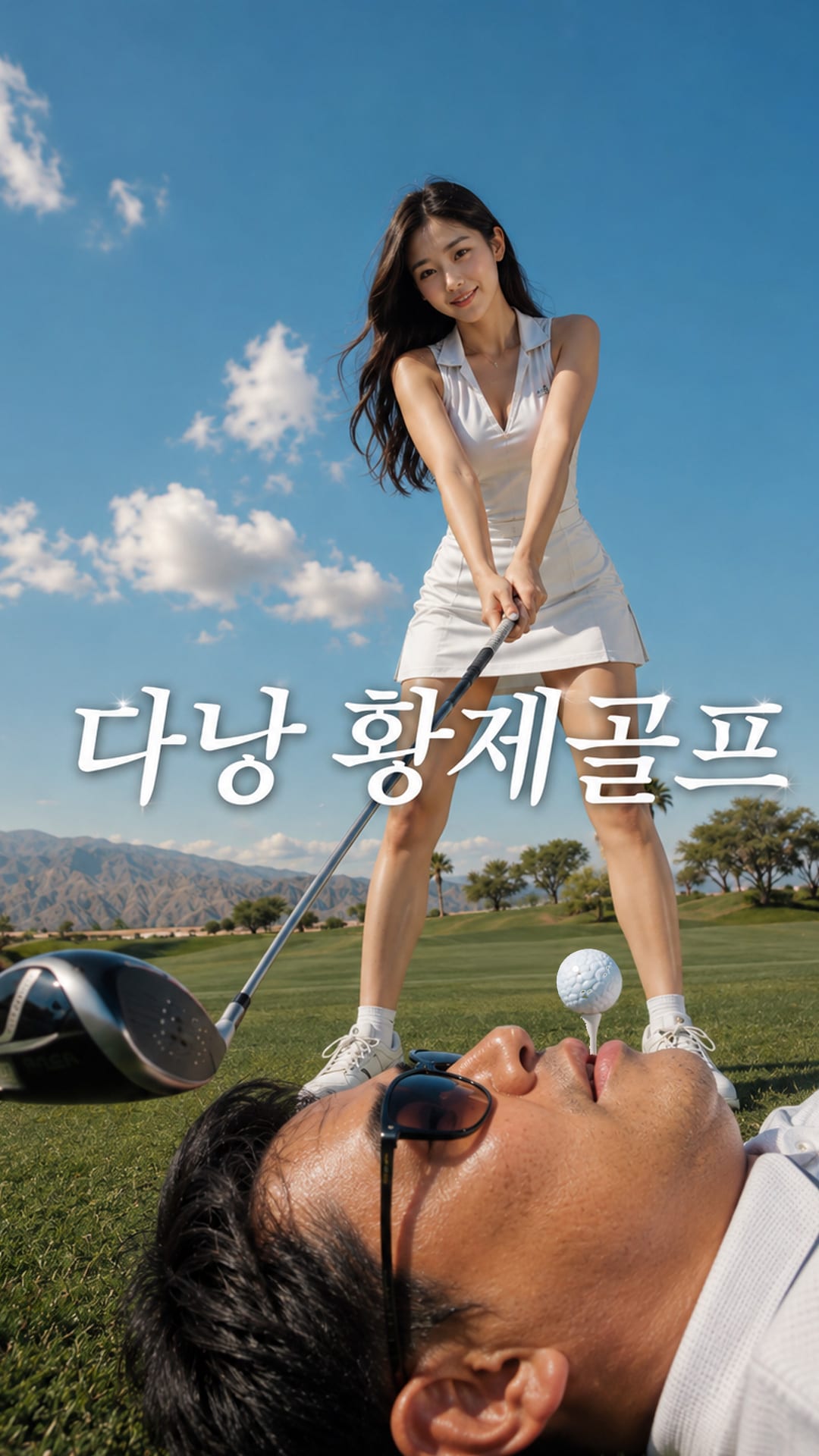남자가 입에 골프공이 올라간 핀을 물고 여성 골퍼가 드라이버로 공을 치려는 포즈