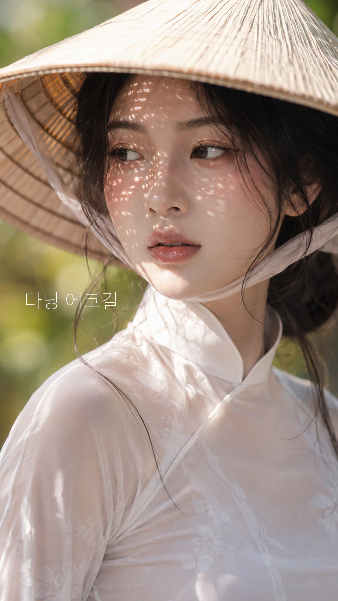 베트남 전통 모자와 의상을 입고 정면을 응시하는 여자