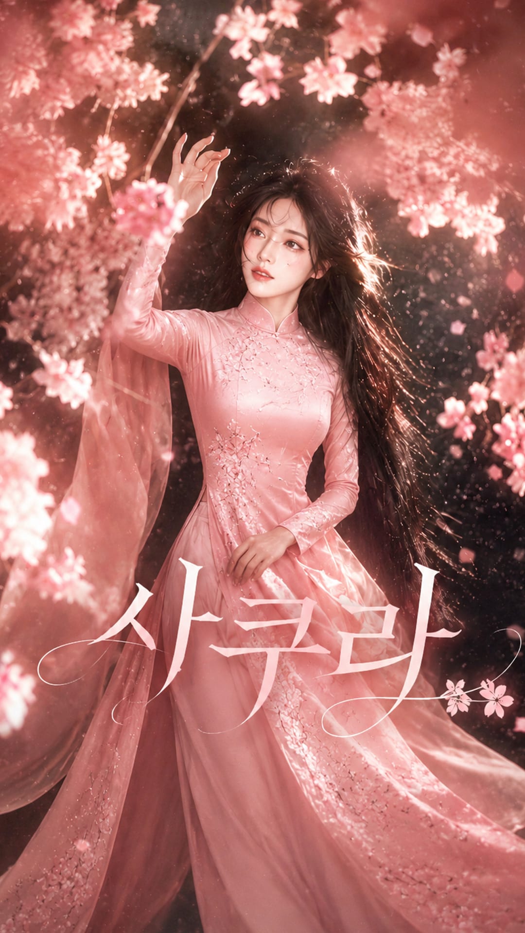 사쿠라 매장 포스터 속 여성이 벚꽃 사이에서 하늘을 보고 있다